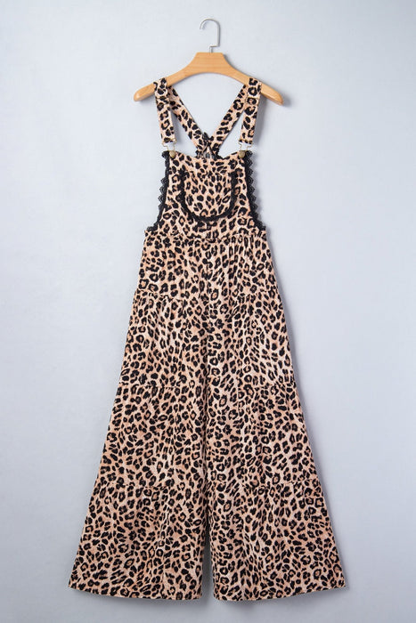 Khaki Cheetah Print Wide Leg Jumpsuit with Lace & Ruffle Detail - LECCE