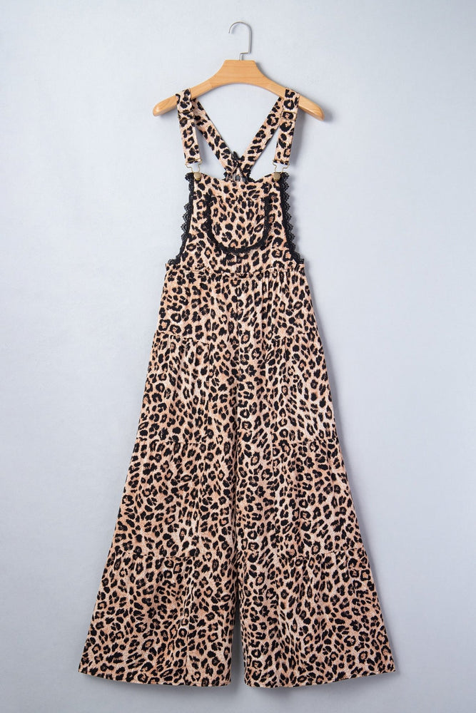 Khaki Cheetah Print Wide Leg Jumpsuit with Lace & Ruffle Detail - LECCE