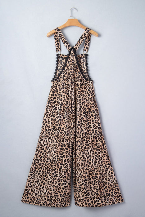 Khaki Cheetah Print Wide Leg Jumpsuit with Lace & Ruffle Detail - LECCE
