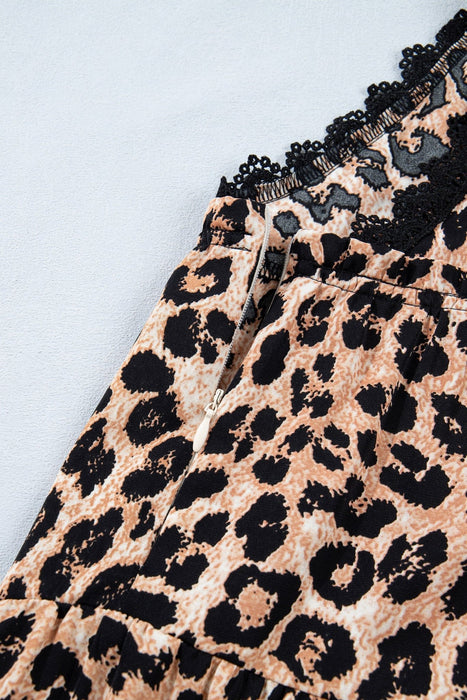 Khaki Cheetah Print Wide Leg Jumpsuit with Lace & Ruffle Detail - LECCE