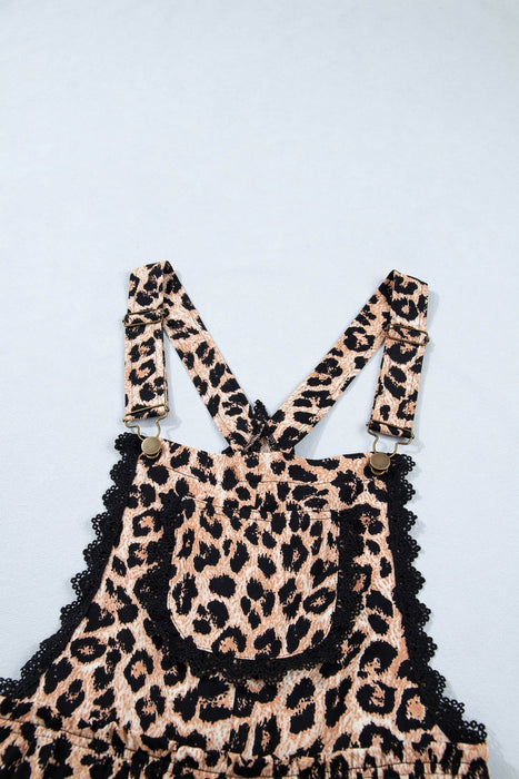 Khaki Cheetah Print Wide Leg Jumpsuit with Lace & Ruffle Detail - LECCE