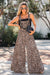 Khaki Cheetah Print Wide Leg Jumpsuit with Lace & Ruffle Detail - LECCE