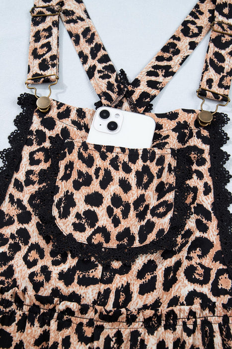 Khaki Cheetah Print Wide Leg Jumpsuit with Lace & Ruffle Detail - LECCE