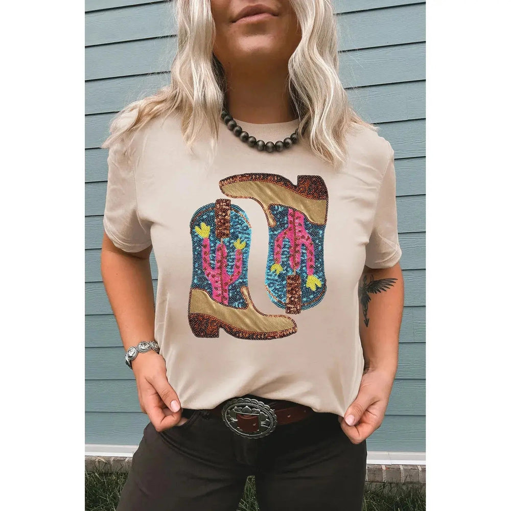 Khaki Sequined Western Boots Crew Neck Graphic Tee - LECCE