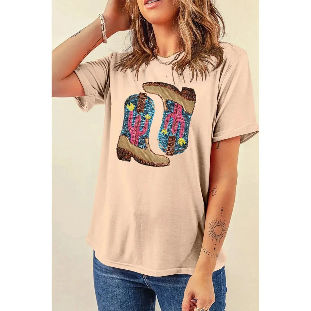 Khaki Sequined Western Boots Crew Neck Graphic Tee - LECCE