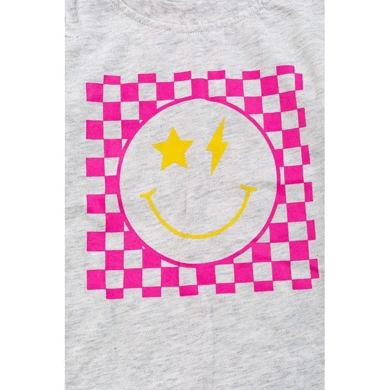 Kids Happy Emoji With Checker Printed Tee