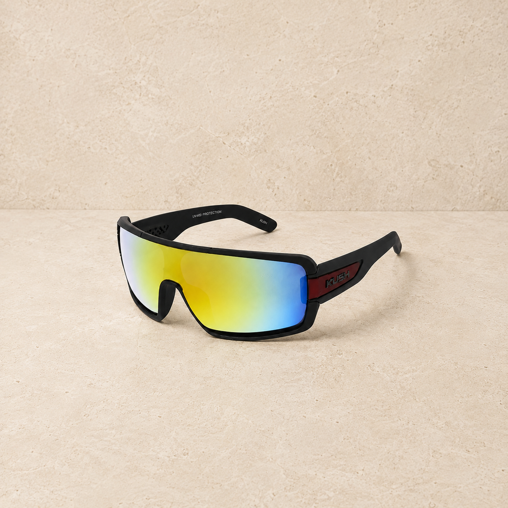 KUSH mirrored shield glasses with collection-card spacing - LECCE catalog