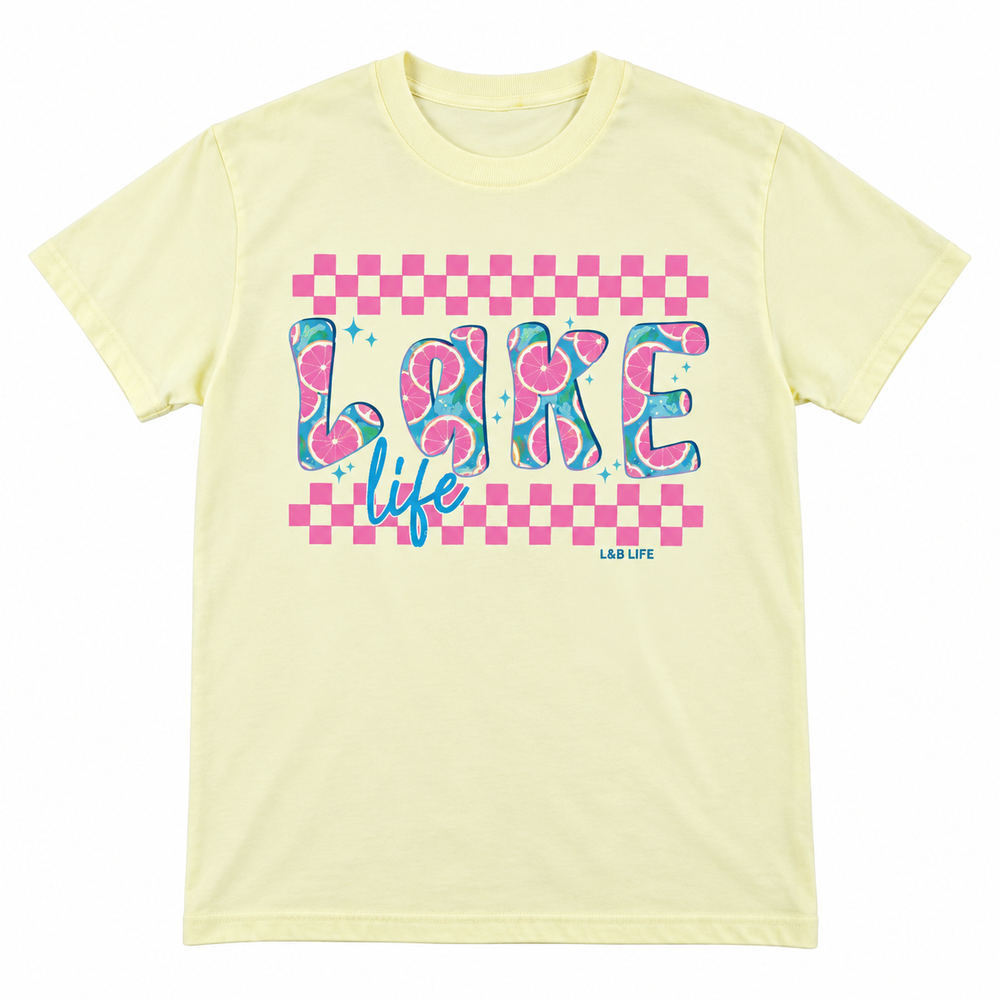 Lake Checkers Graphic Tee – Women's Summer T-Shirt on white background