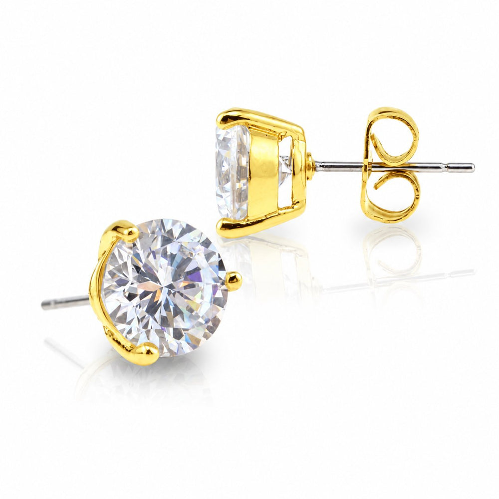 Gold clear round CZ stud earrings, front and side views