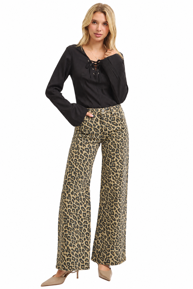 Mid Rise Wide Leopard Print Pants — white background view 1