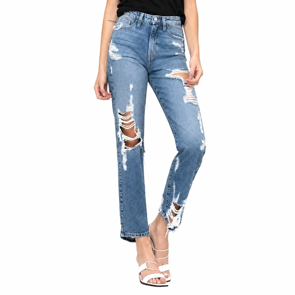 Super high rise tattered ankle straight — white background view 1