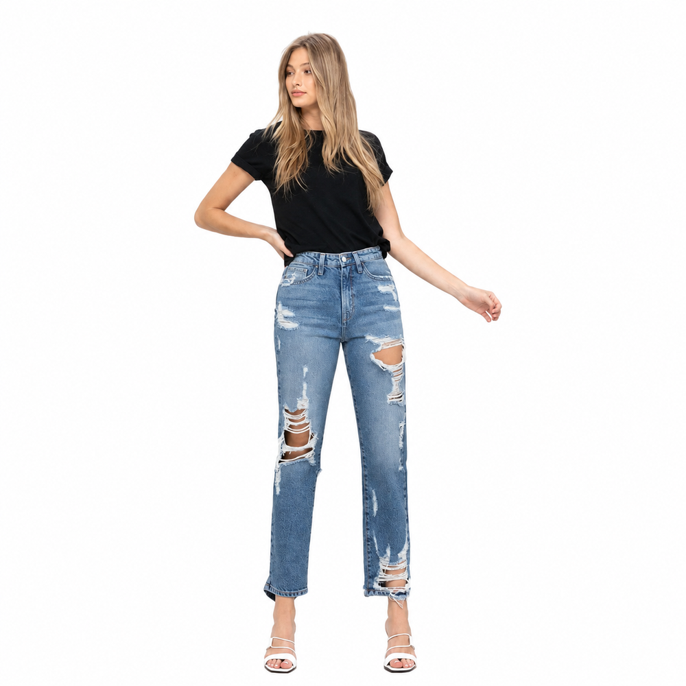 Super high rise tattered ankle straight — white background view 2