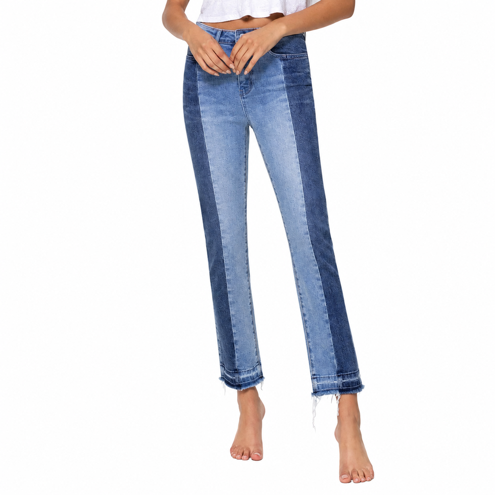 High rise crop slim straight with contrast panel — white background view 2