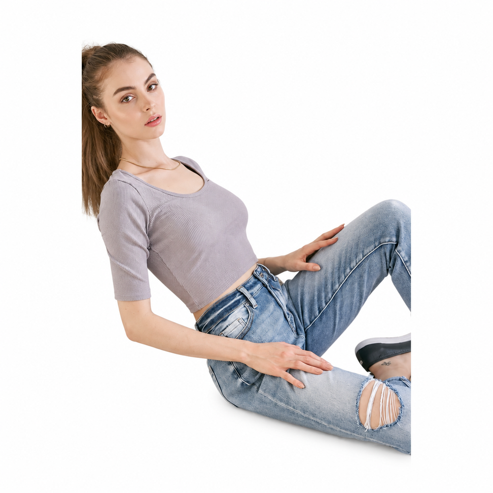 KanCan High rise hem detail mom jean — white background view 2