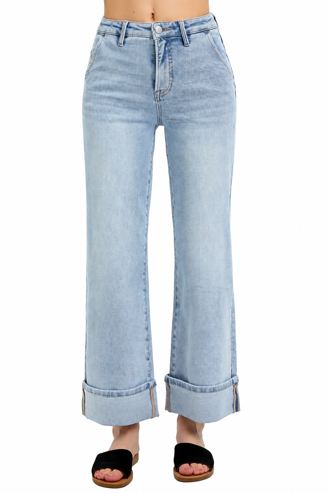 Tummy Control High Rise Ankle Wide Cuffed Jeans — white background view 2