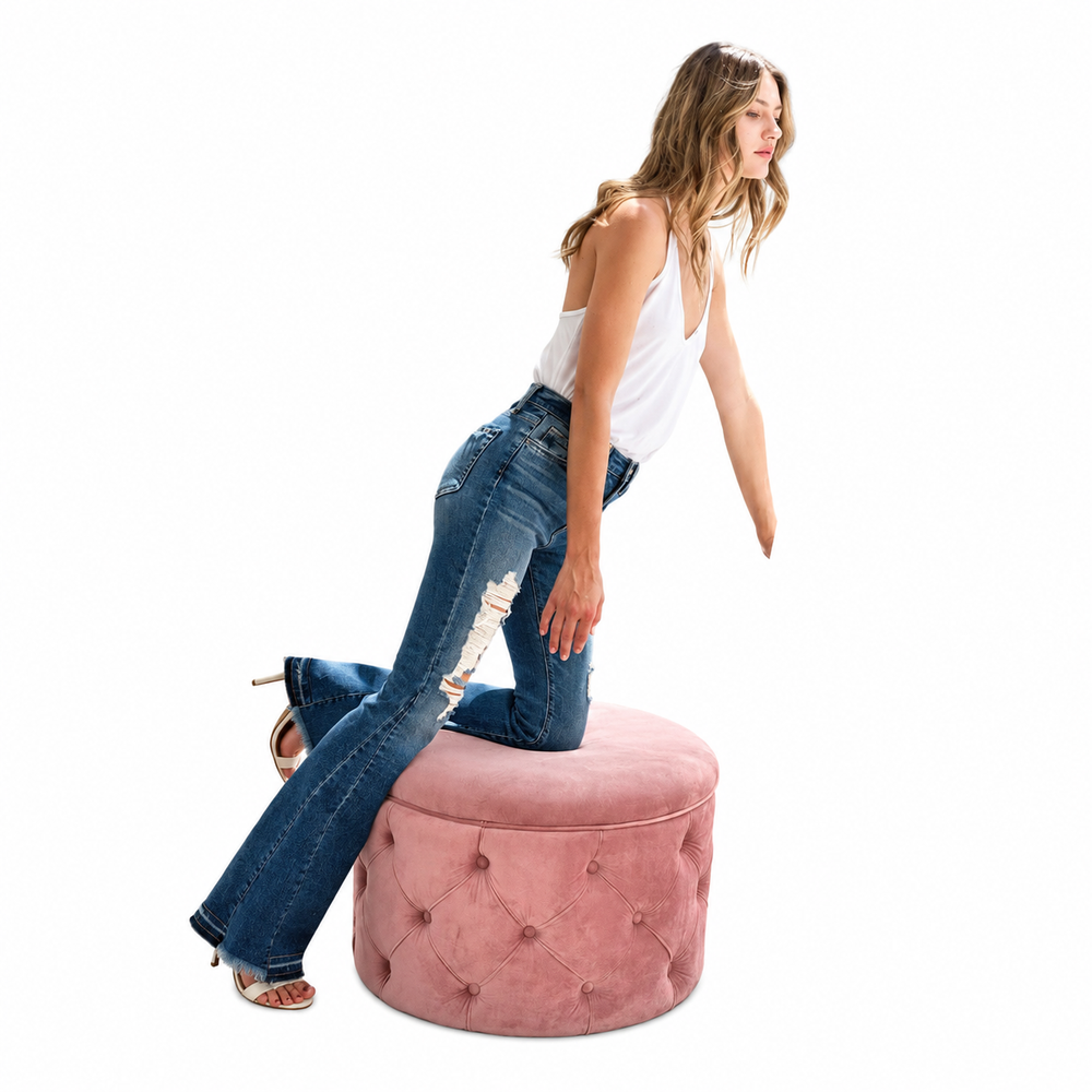 High rise distressed released hem flare — white background view 1