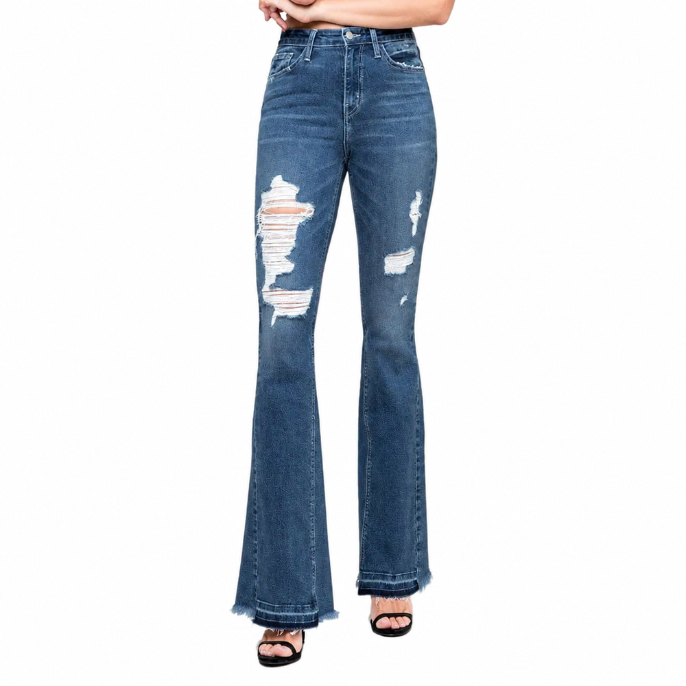 High rise distressed released hem flare — white background view 2