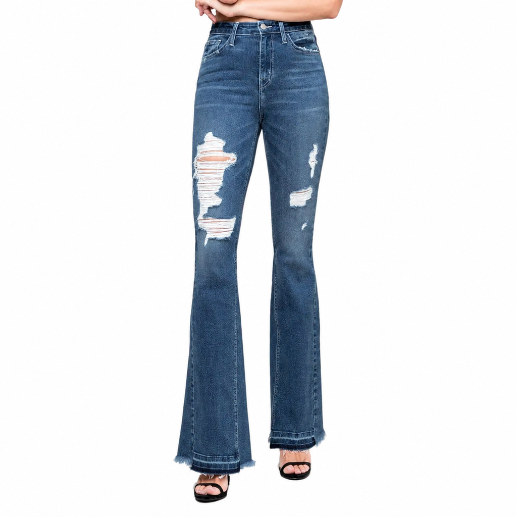 High rise distressed released hem flare