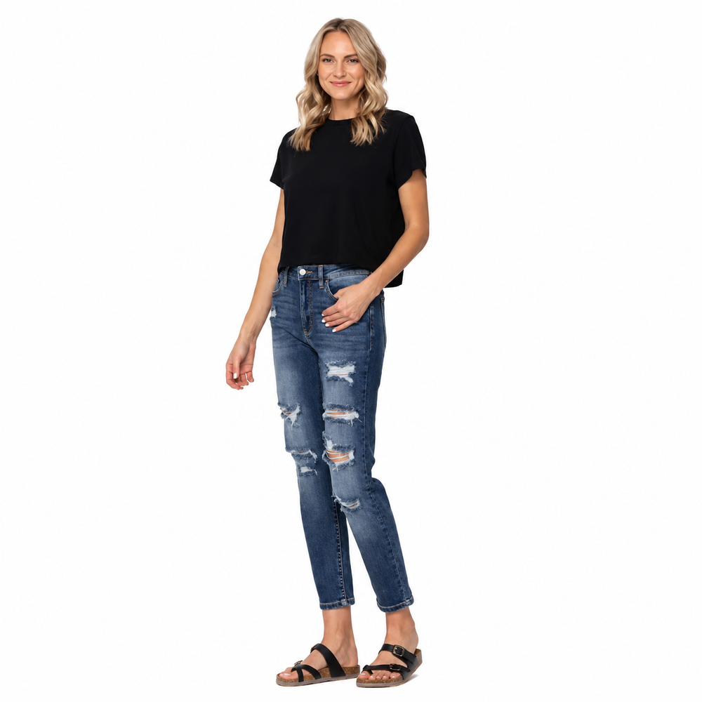 High-rise distressed boyfriend- Judy Blue Jeans — white background view 1