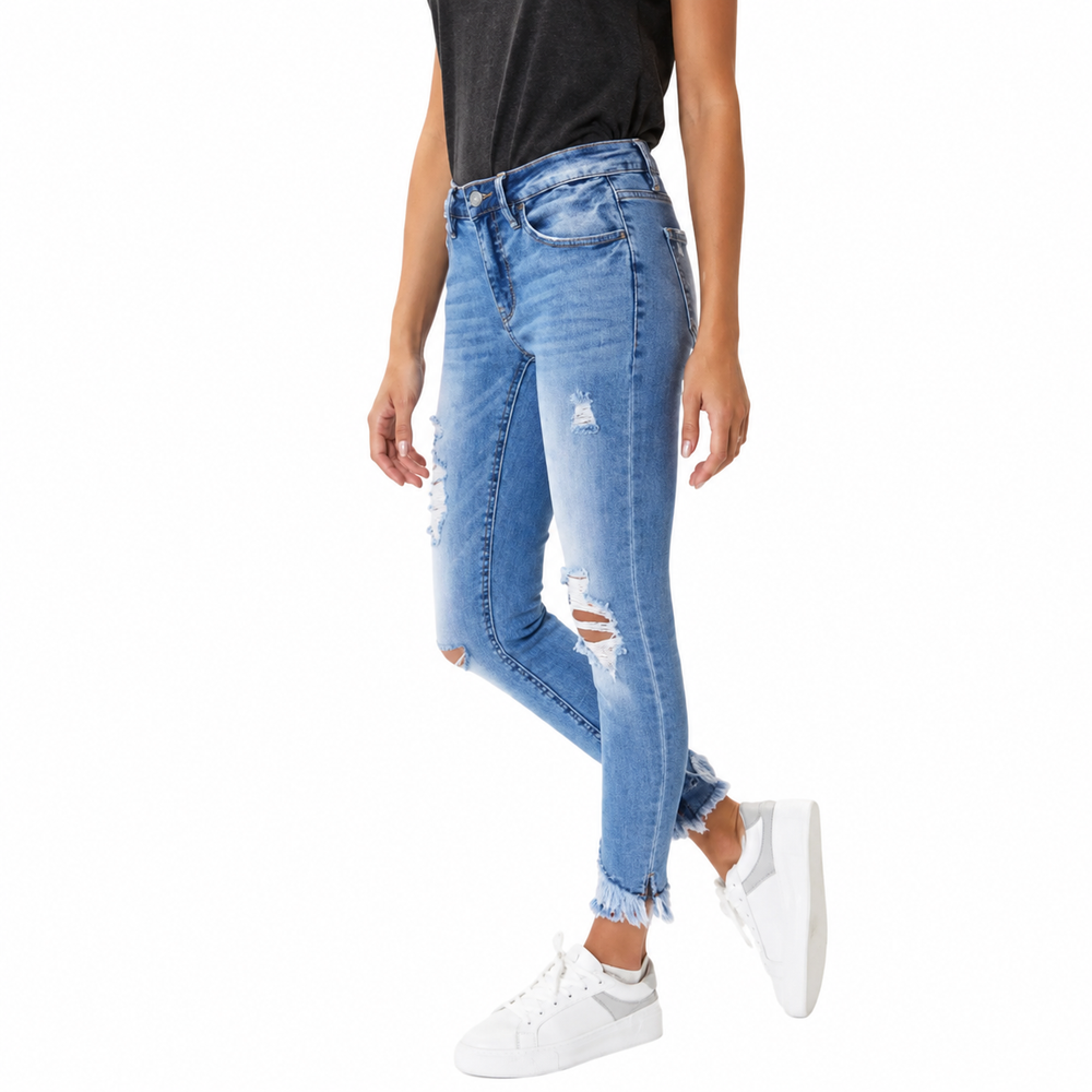 Mid rise hem detail ankle skinny jeans — white background view 1