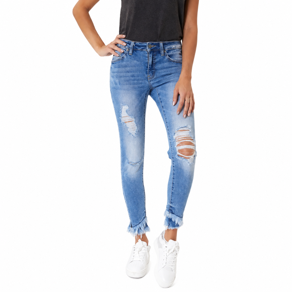 Mid rise hem detail ankle skinny jeans — white background view 2