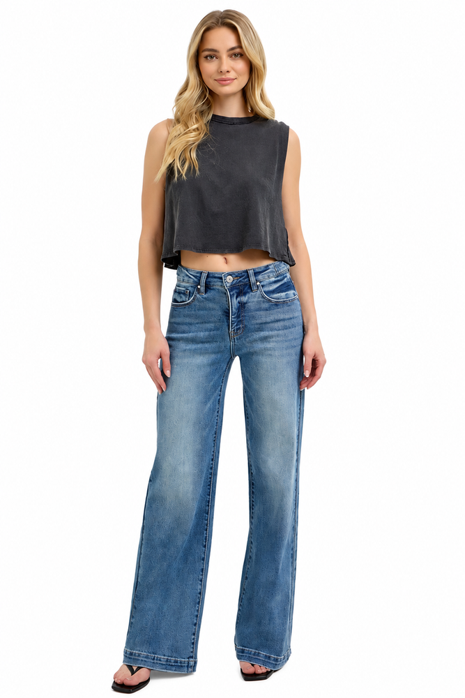 Risen Tummy Control High Rise Wide Leg Jeans — white background view 1