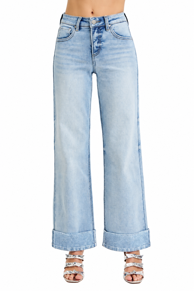 Risen Tummy Control High Rise Ankle Wide Cuffed Jeans — white background view 2
