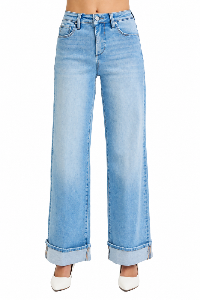 Risen Tummy Control High Rise Long Inseam Wide Cuffed — white background view 2