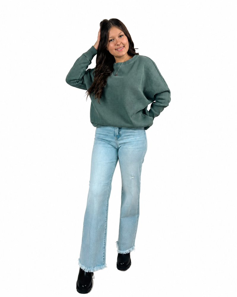 Risen Tummy Control Frayed Hem Mid Rise Jeans — white background view 1