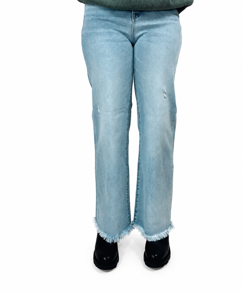 Risen Tummy Control Frayed Hem Mid Rise Jeans — white background view 2
