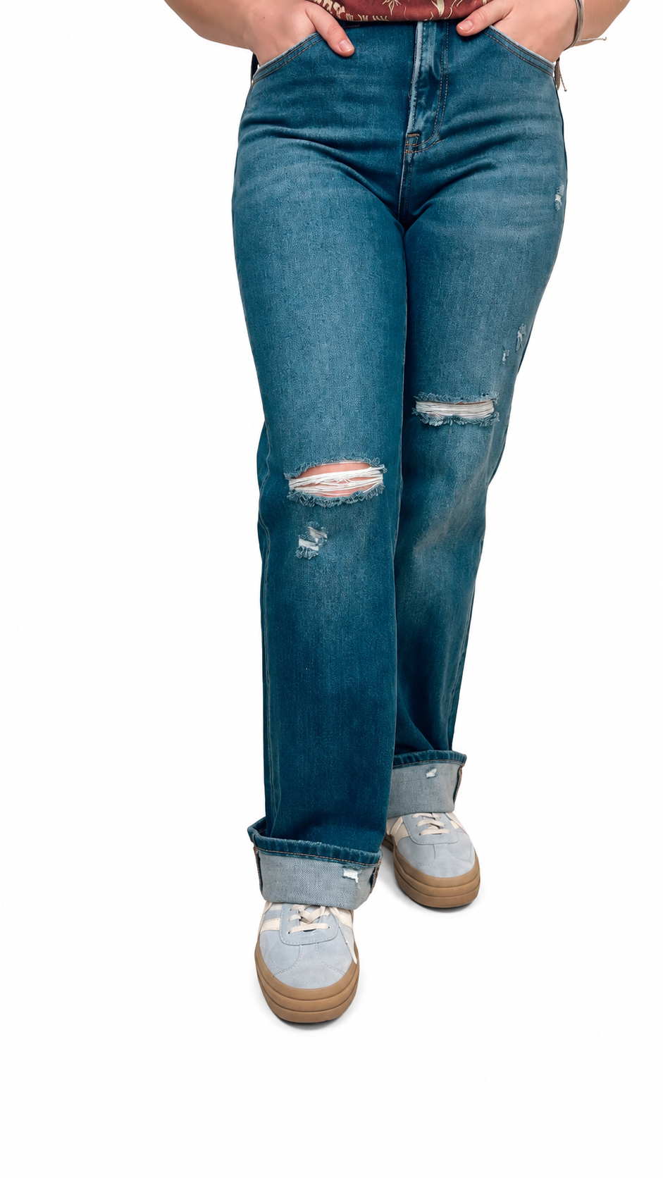 Risen Tummy Control High Rise Straight Leg Distressed