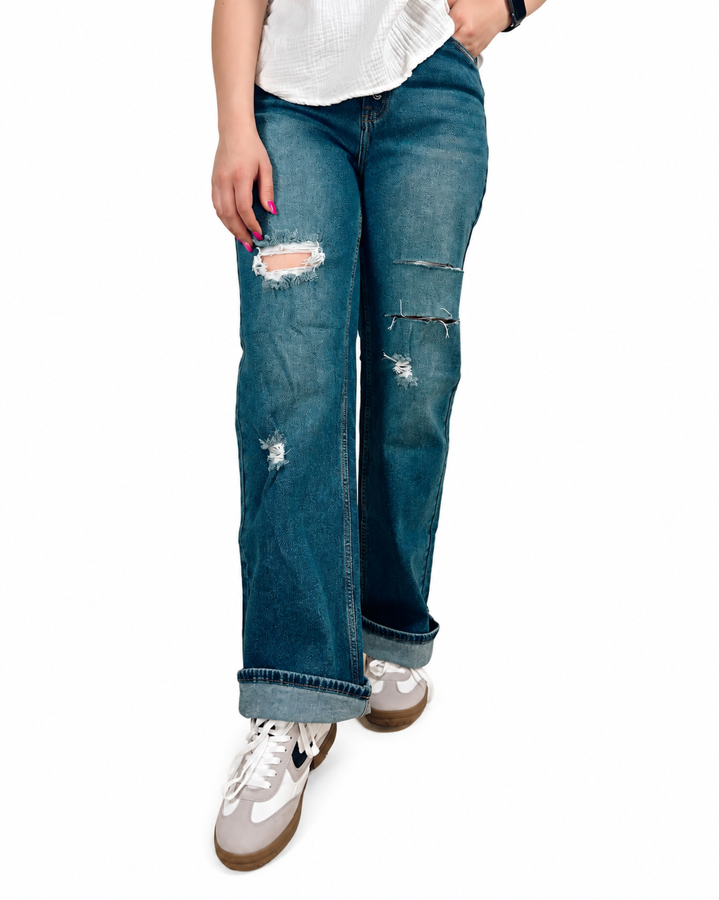 Distressed Straight Leg Denim Jeans
