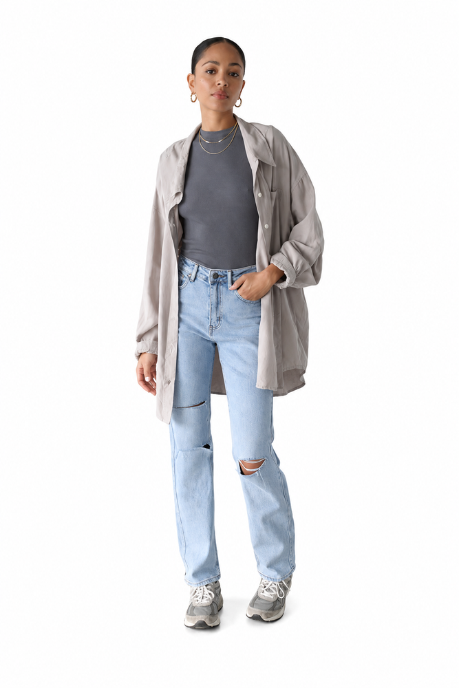 Distressed Straight Leg Denim Jeans — white background view 1