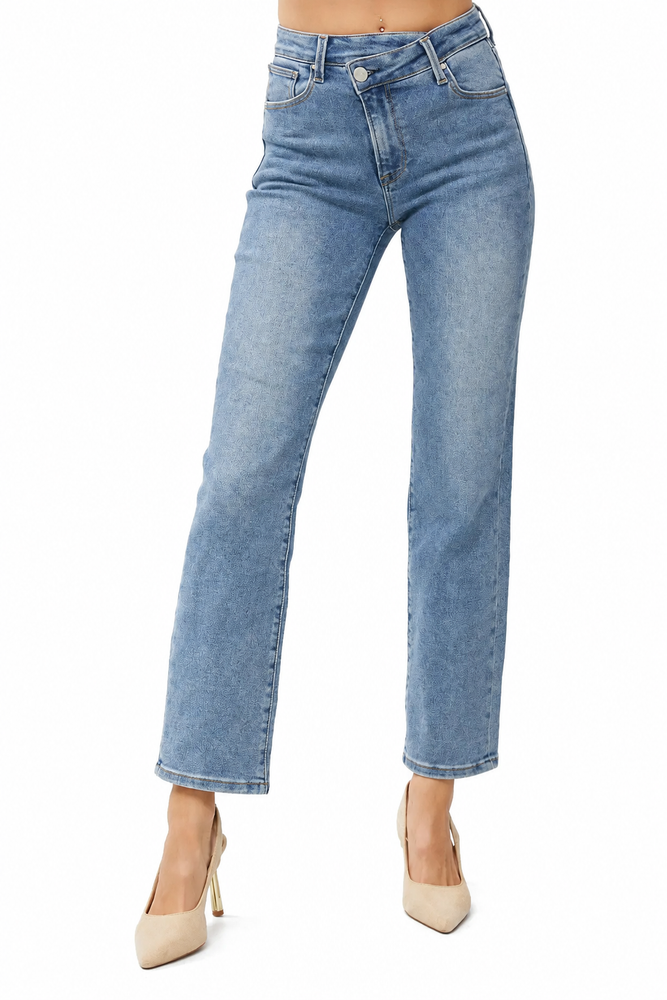 Risen High Rise Crossover Straight Jeans — white background view 1