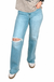 Risen Tummy Control High Rise Wide Leg Knee Distress — white background view 1
