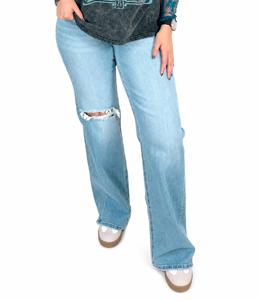 Risen Tummy Control High Rise Wide Leg Knee Distress — white background view 2