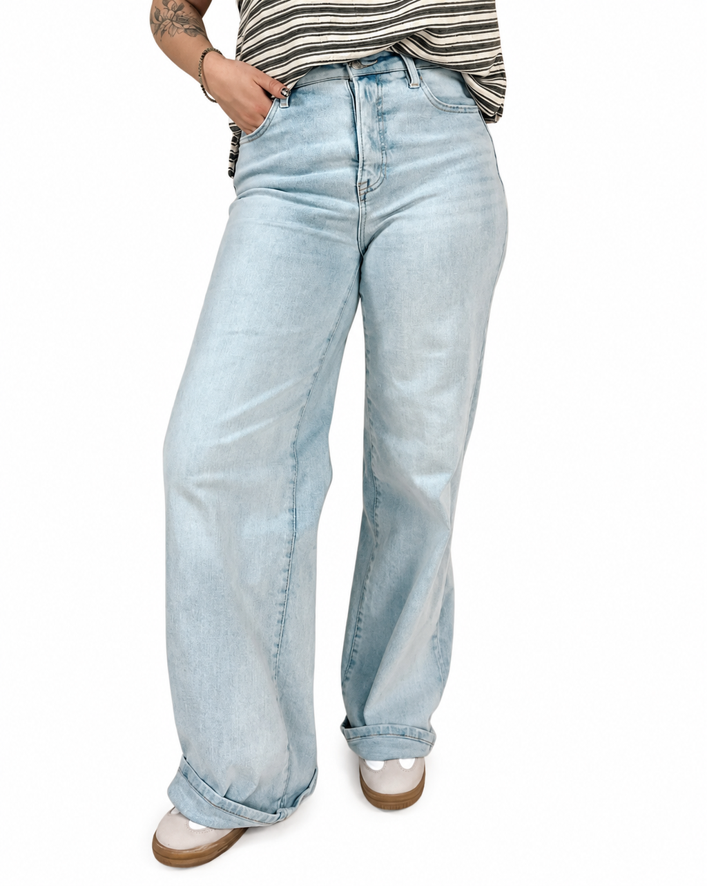 Risen Tummy Control High Rise Wide Cuffed Jeans