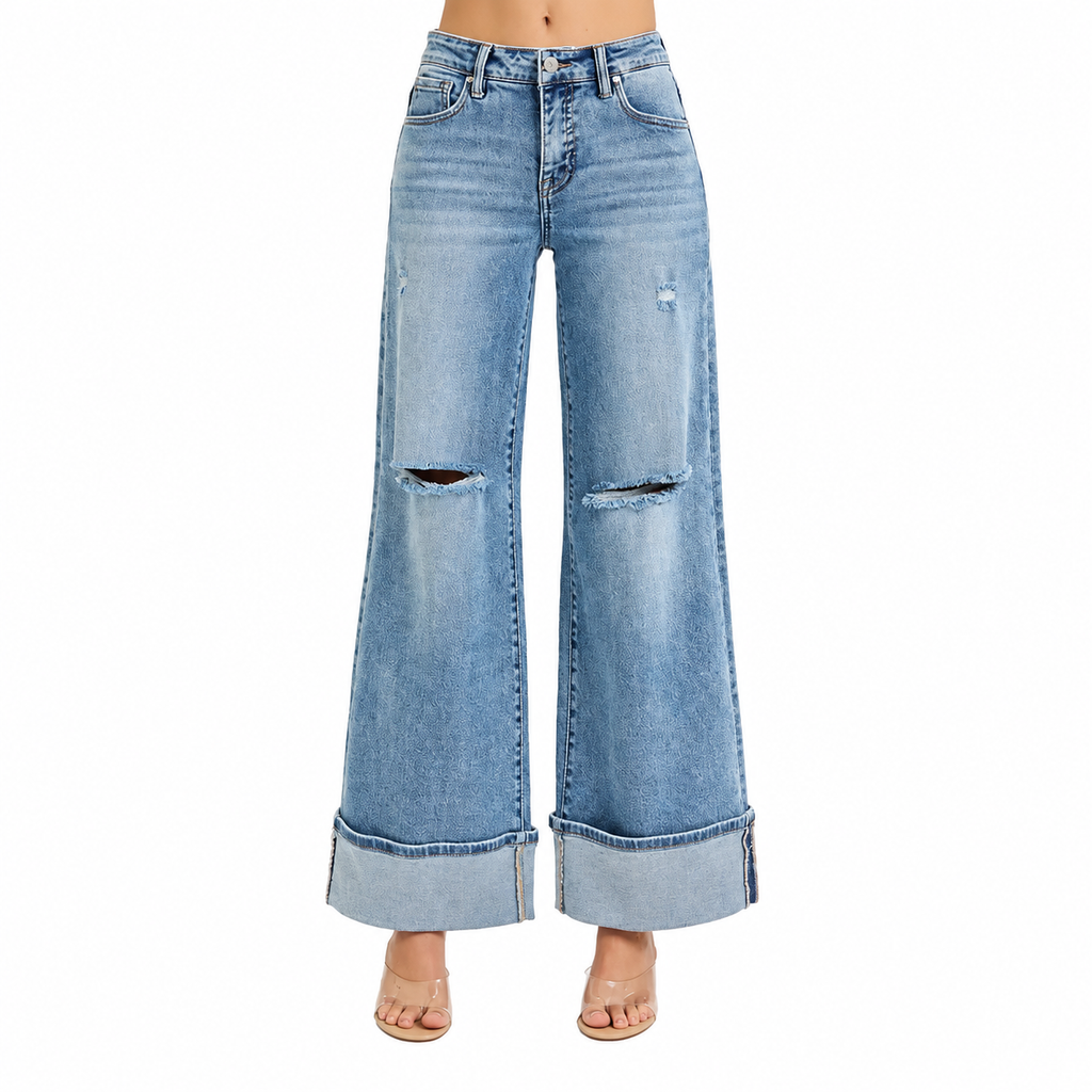 Tummy Control Mid Rise Wide Cuffed Jeans