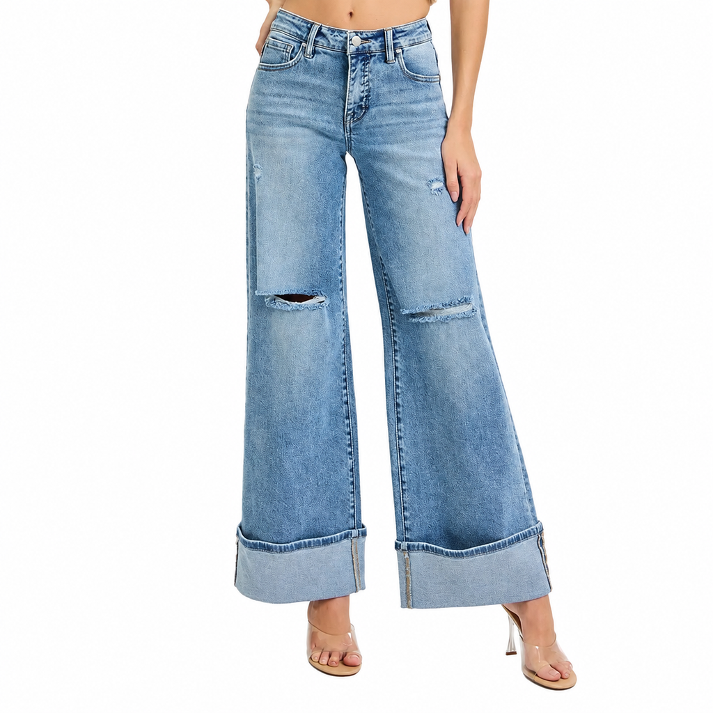 Tummy Control Mid Rise Wide Cuffed Jeans