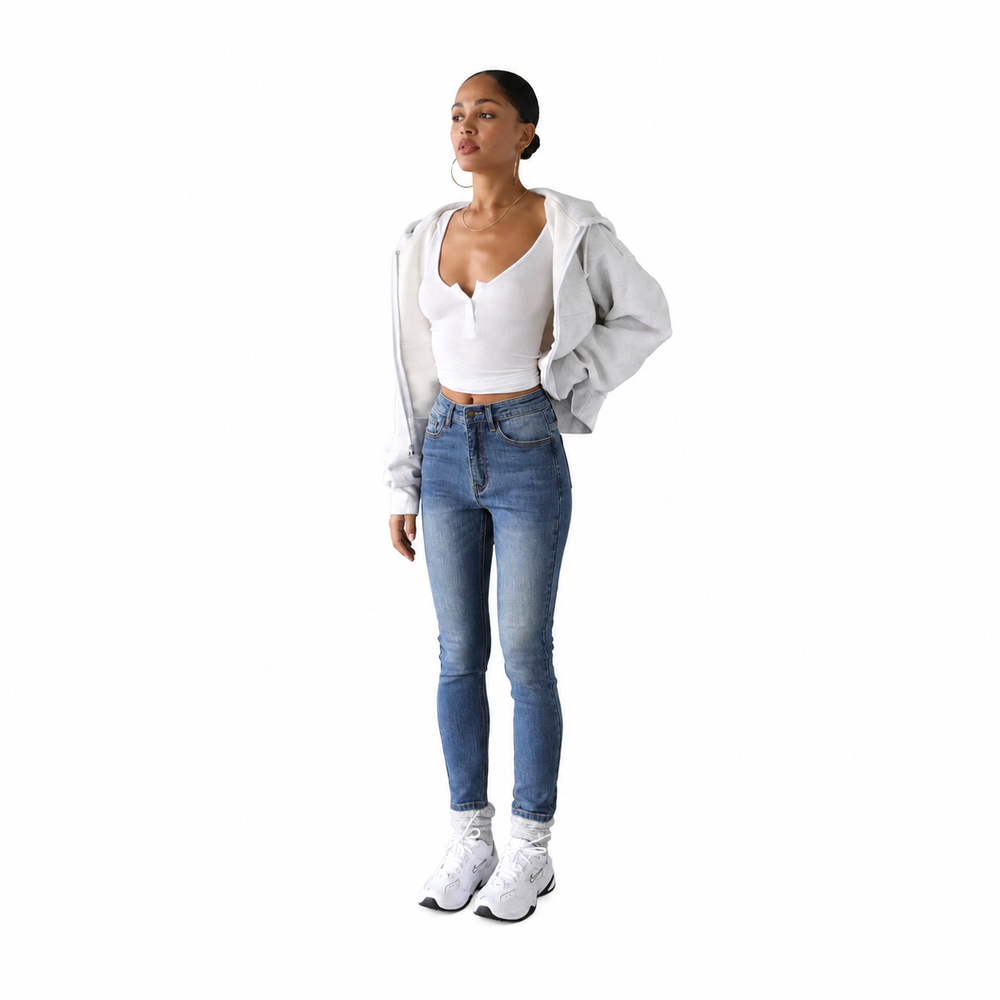High Rise Skinn Stretch Jeans — white background view 2
