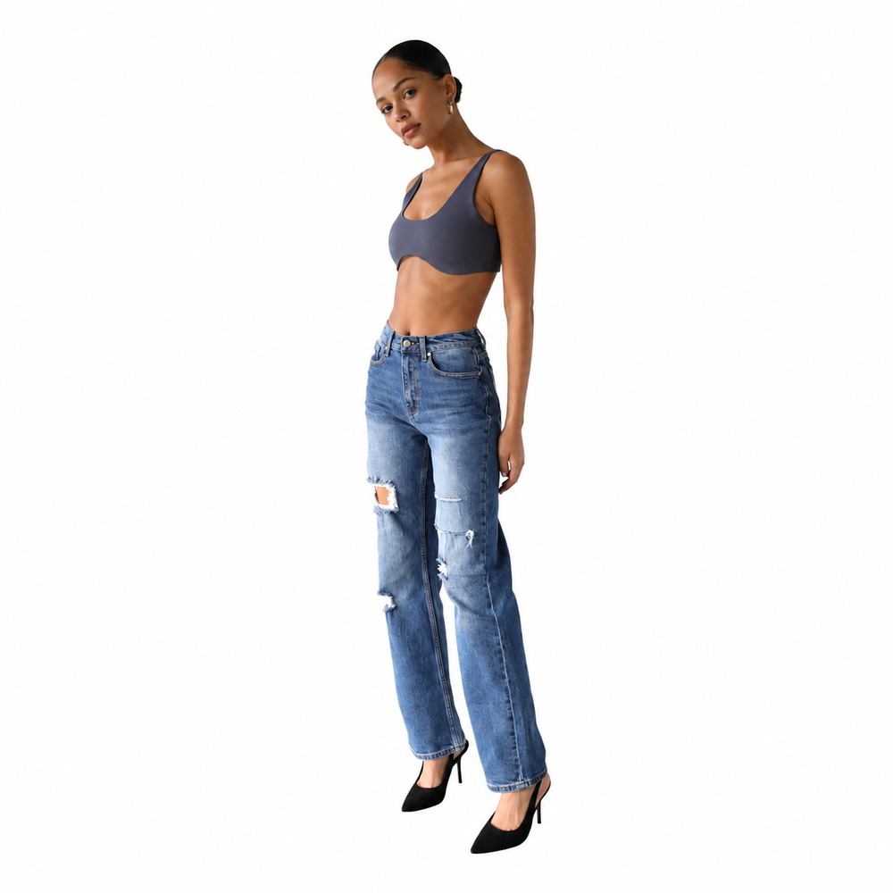 High Rise Straight Leg Denim Jeans - Dark- — white background view 1