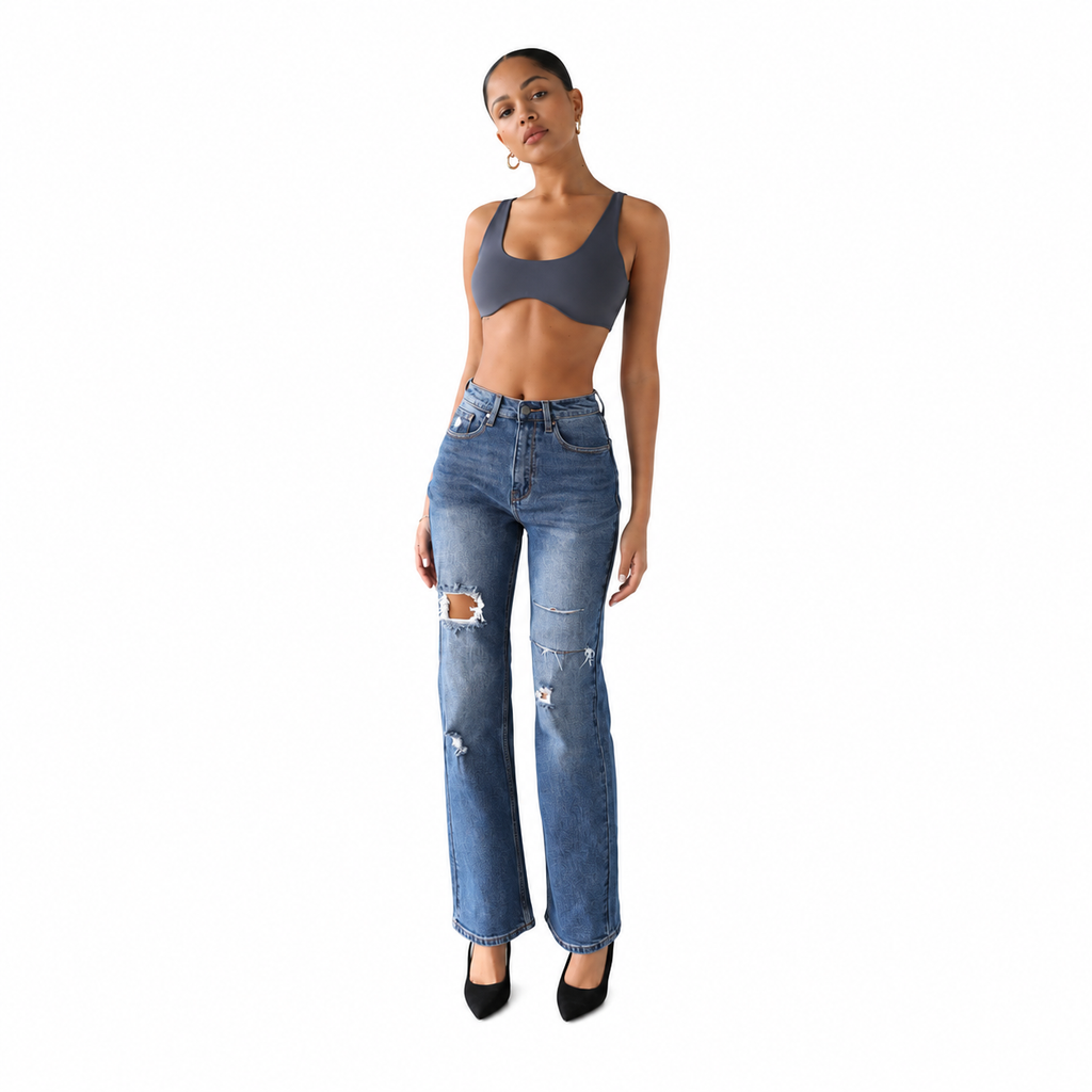 High Rise Straight Leg Denim Jeans - Dark-