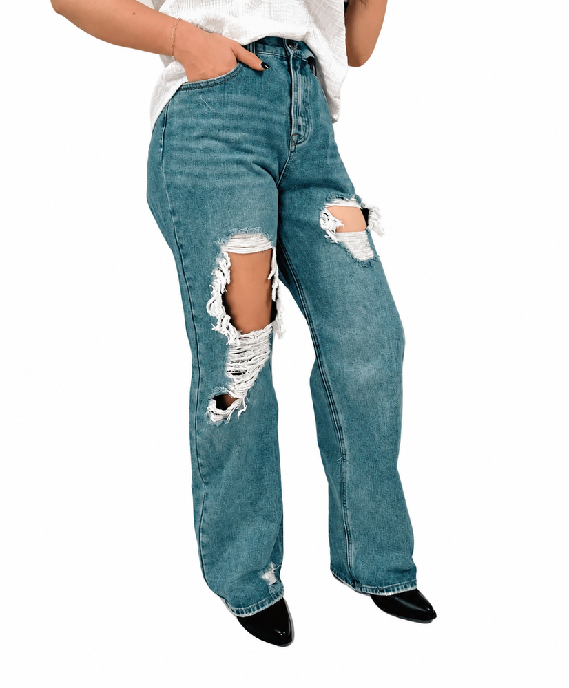 High Rise Straight Wide Leg Denim Jeans — white background view 1