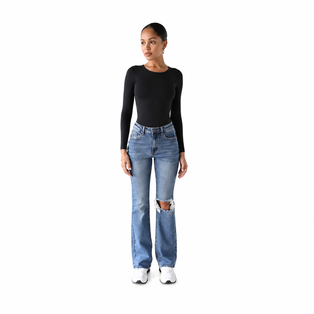 Distressed Flare Jeans — white background view 2