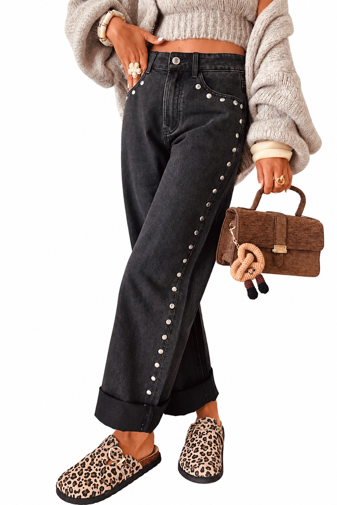 Black Studded Detail Straight Leg Loose Jeans — white background view 1
