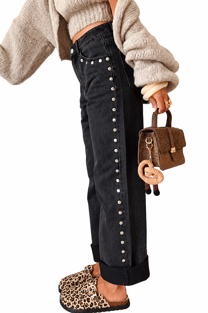 Black Studded Detail Straight Leg Loose Jeans — white background view 2