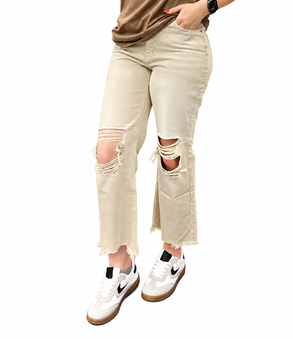Washed Distressed Cropped Jeans