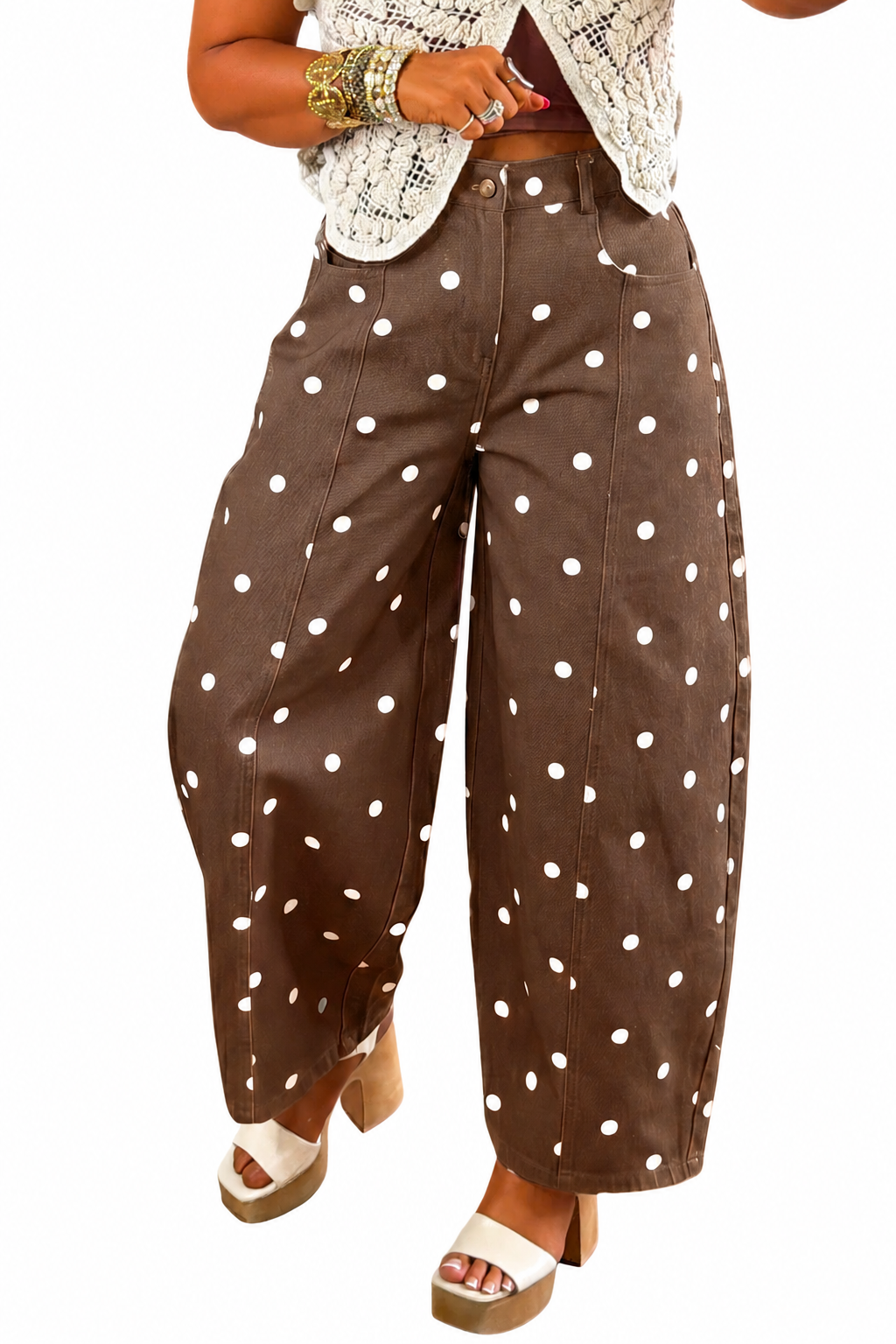 Brown Tailored Seam Polka Dot Barrel Jeans