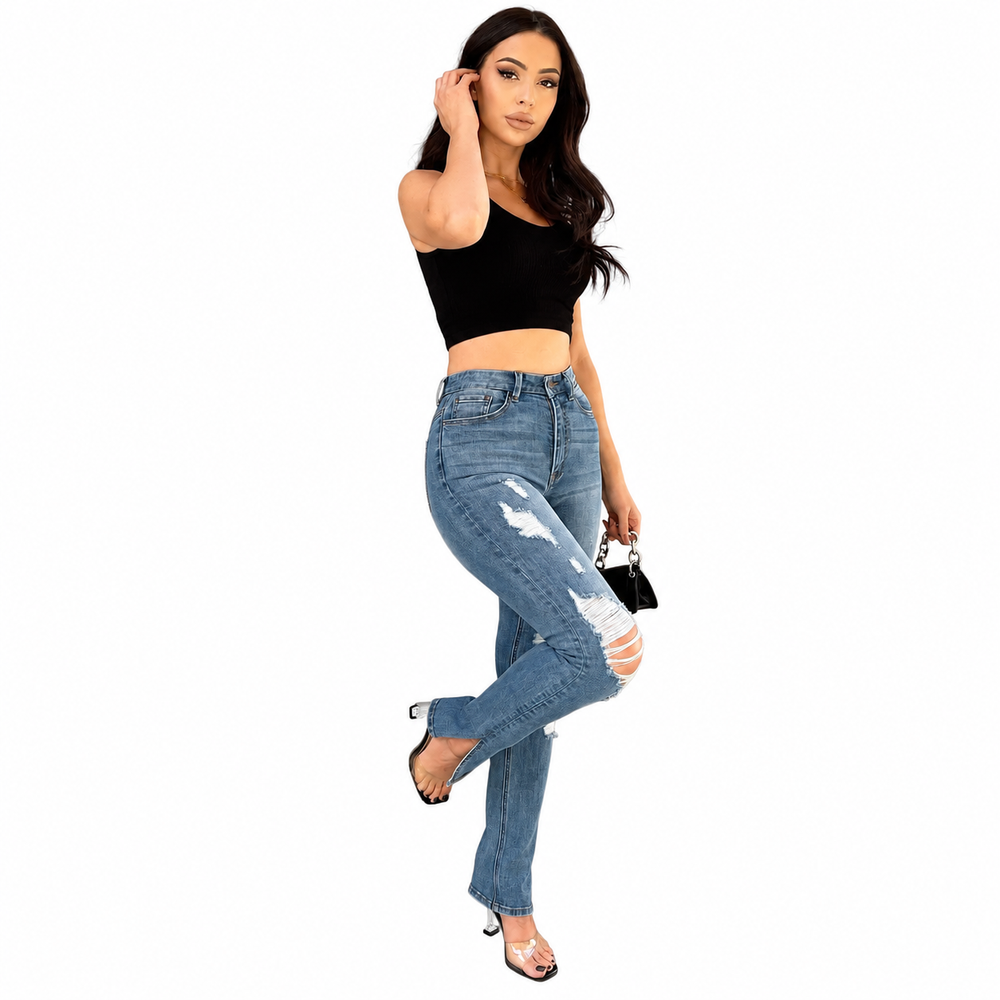 Top Tier Side Slit High Rise Jeans — white background view 1
