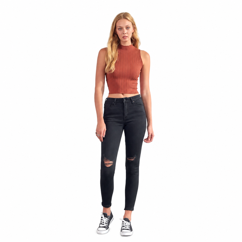 Kancan High Rise Distressed Super Skinny Jeans — white background view 2